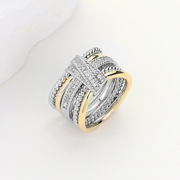 Two Tone Pave Stone Crossover Ring - Picture 1 of 2